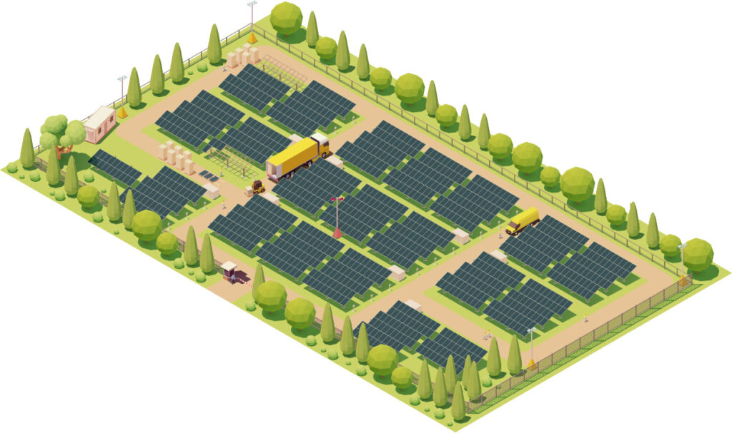 A graphic of a solar farm